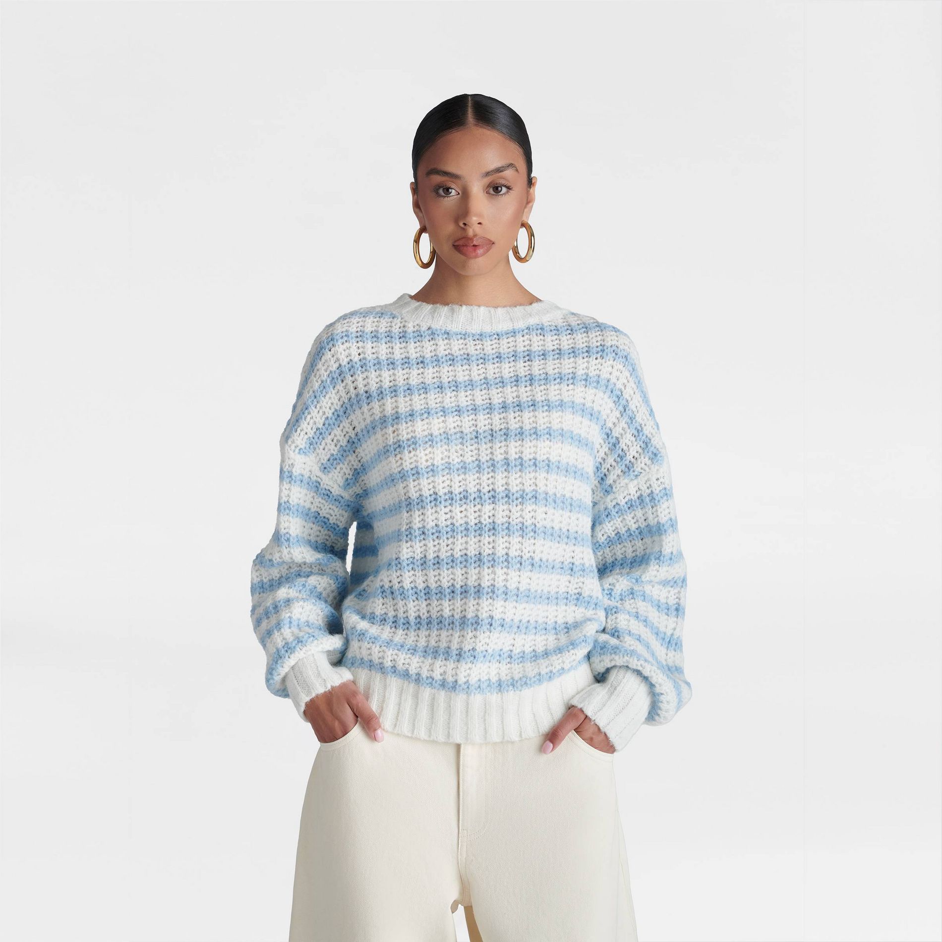 KBB by KAHLANA Women's 'The Oversized Drop Shoulder Crewneck Pullover Sweater' - Cream/Blue