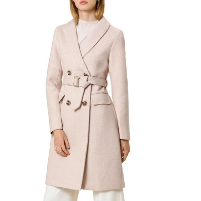 Allegra K Women's Double Breasted Shawl Collar Chevron Belted Long Winter Coat