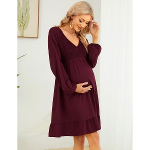 Women's Maternity Casual Smocked Long Sleeve Boho Dress Fall V Neck Flowy Midi Dress Baby Shower Photoshoot - 1 of 4