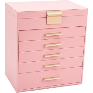 6-Layer Pink Jewelry Box with 5 Drawers & Necklace Hanger, Large Organizer Storage for Earrings and Necklaces - 1 of 4