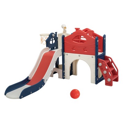 Infurnic Baby Activity Gyms 6-in-1 Kids Playground, Toddler Slide with Aisle, Tunnel, Climber, Basketball Hoop, Multicolored, 38"*14"*21"