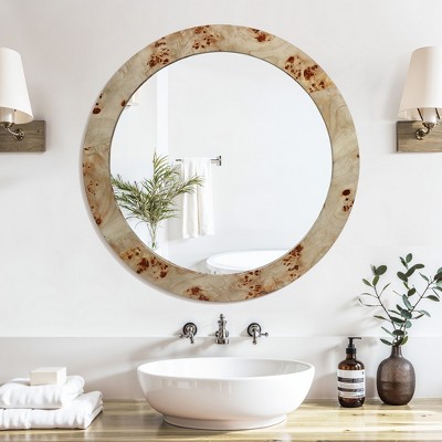 31.5-Inch Round Burlywood Veneer Accent Wall Mirror
