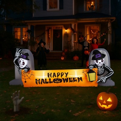 Syemin Decorative Holiday Scene Props Halloween Inflatable Decorations Skeleton Tombstone Banner, Outdoor Decor Yard Decor, Orange, 112"*40"*45"