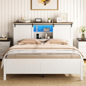 Bed Frame with Storage, Farmhouse Design Featuring Charging Station and LED Light, Sliding Barn Door, Noise-Free, No Box Spring Required. - 1 of 4