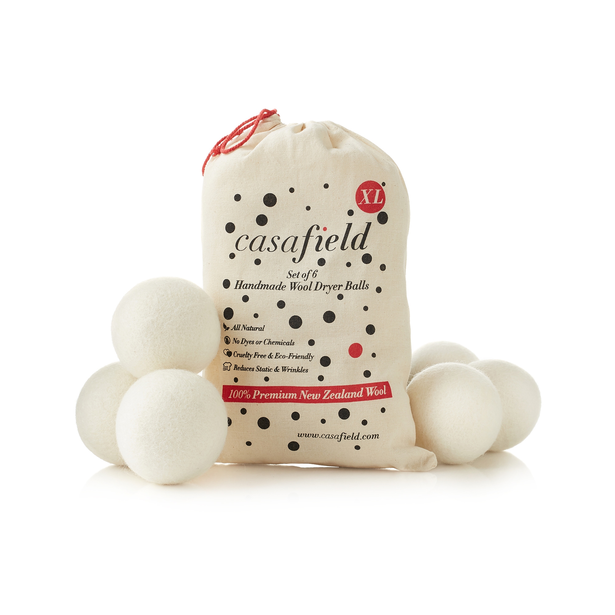 Casafield Wool Dryer Balls (Set of 6), 100% New Zealand Wool, Extra Large Organic Dryer Balls