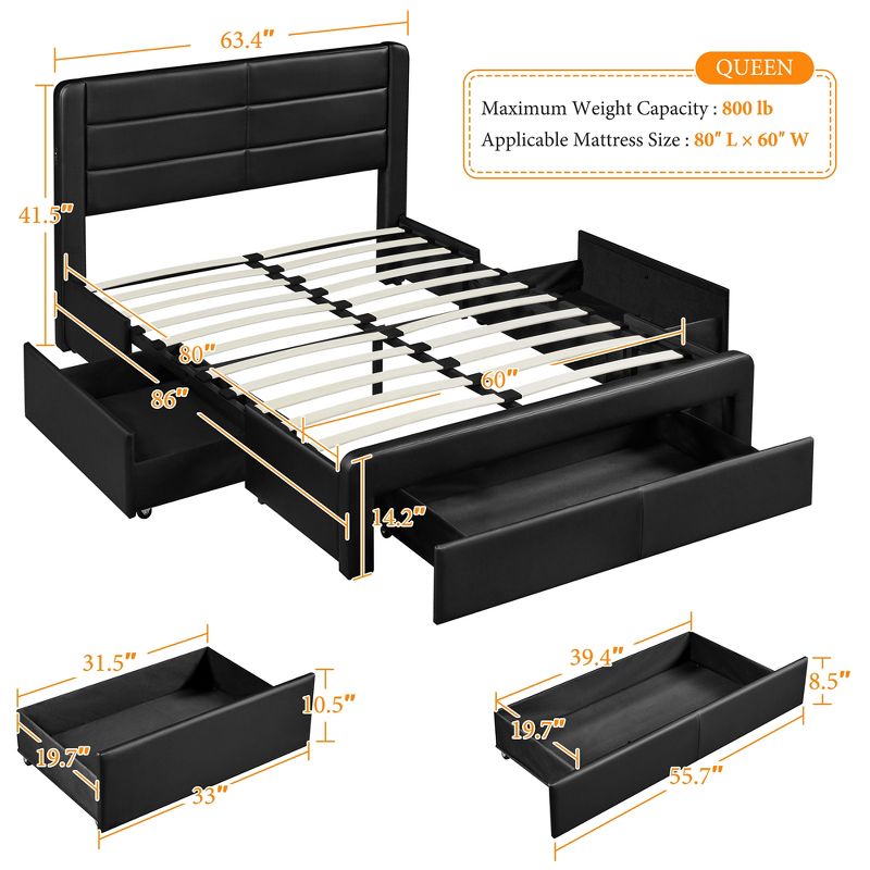 Yaheetech Upholstered Bed Frame with 3 Storage Drawers and Built-In USB Ports, 3 of 8