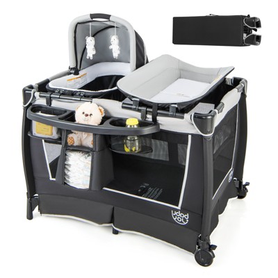 Image of Costway 4-in-1 Convertible Portable Baby Playard Newborn Napper w/ Toys & Music Gray