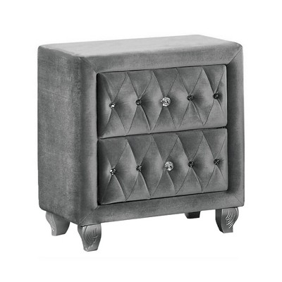 Royal Hampton Nightstand, 26 Inch, 2 Drawers, Button Tufted Gray Fabric