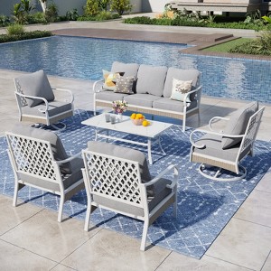 Captiva Designs 6pc Extra Large Metal and Rattan Outdoor Patio Conversation Set with Swivel Grid-back Chairs and Table - 1 of 4
