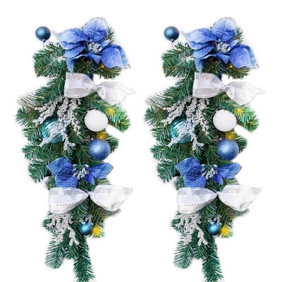 Barton 2x 28" Christmas Teardrop Swag Wreath Blue & Silver w/Ornanmets Pre-Lit