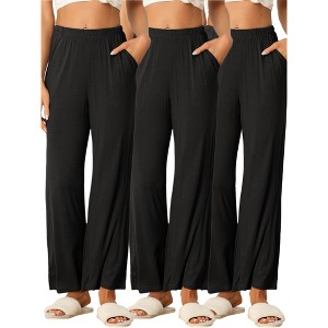 cheibear Women's Cotton Elastic Waist Straight Wide Leg Long Pants with Pocket 2 Pack - 1 of 4