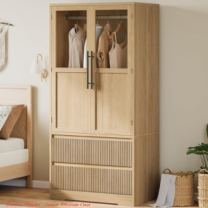 Bedroom Wooden Armoire Wardrobe Closet, Freestanding Large Wardrobe Armoire Cabinet with Glass Doors and 2 Drawers - 1 of 4