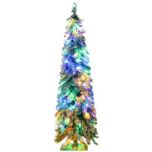 HOMCOM 4 FT Pencil Prelit Artificial Christmas Tree Holiday Decoration with Snow-flocked Downswept Branches, Warm White or Colorful LED Lights - 1 of 4