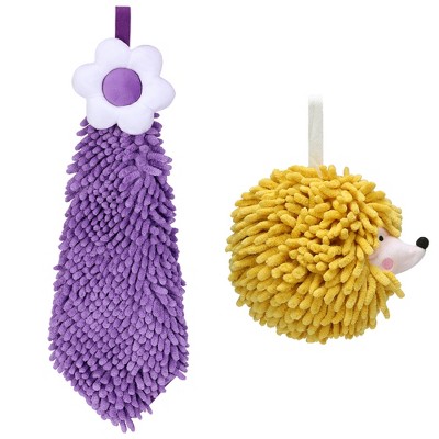 REGALWOVEN 2 Packs Chenille Hand Towel Flower and Cute Cartoon Hanging Hand Towel for Bathroom 6" x 15"/7" x 7"