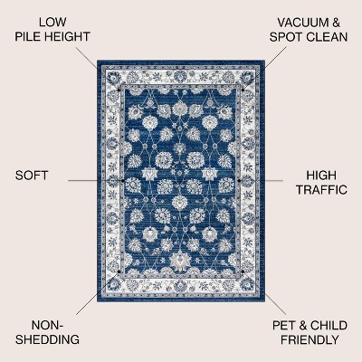 Ivory and Blue Floral Synthetic 4' x 6' Area Rug