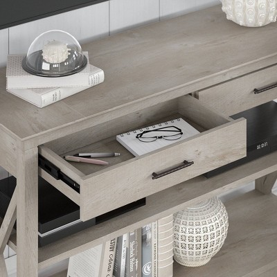 Washed Gray Farmhouse Console Table with Storage and X Pattern Accents