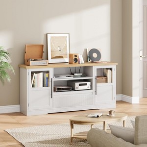 Natrual Farmhouse TV Media Console - 70'' TV Stand & Entertainment Center, Wave-Pattern Cabinet with Glass Doors & Open Shelves - 1 of 4
