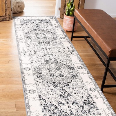 Gray Medallion Synthetic Easy Care Runner Rug