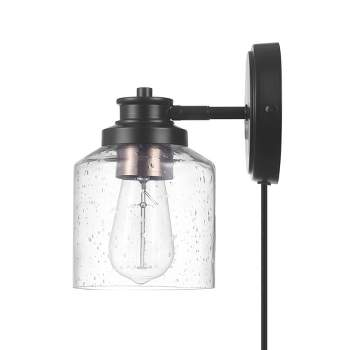 Willow 1-Light Matte Black Plug-In or Hardwire Wall Sconce with Seeded Glass Shade - Globe Electric