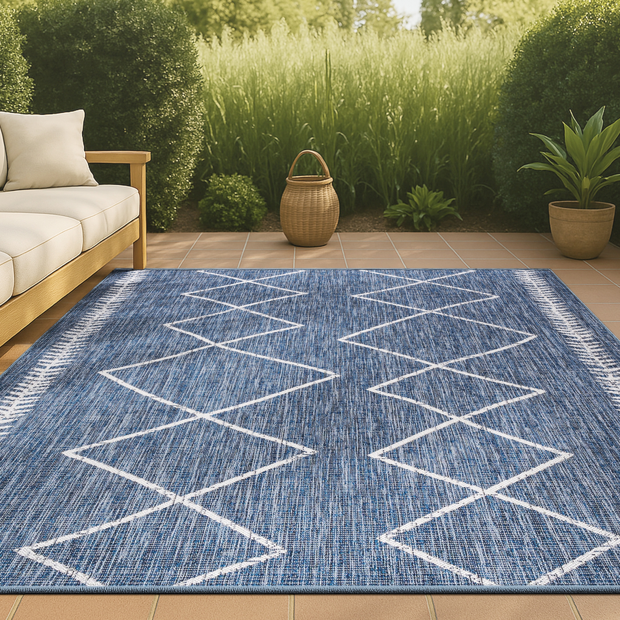 JONATHAN Y Derya Diamond Trellis Blue/Ivory 8 ft. x 10 ft. Indoor/Outdoor Area Rug, Non-Shedding, Easy-Clean