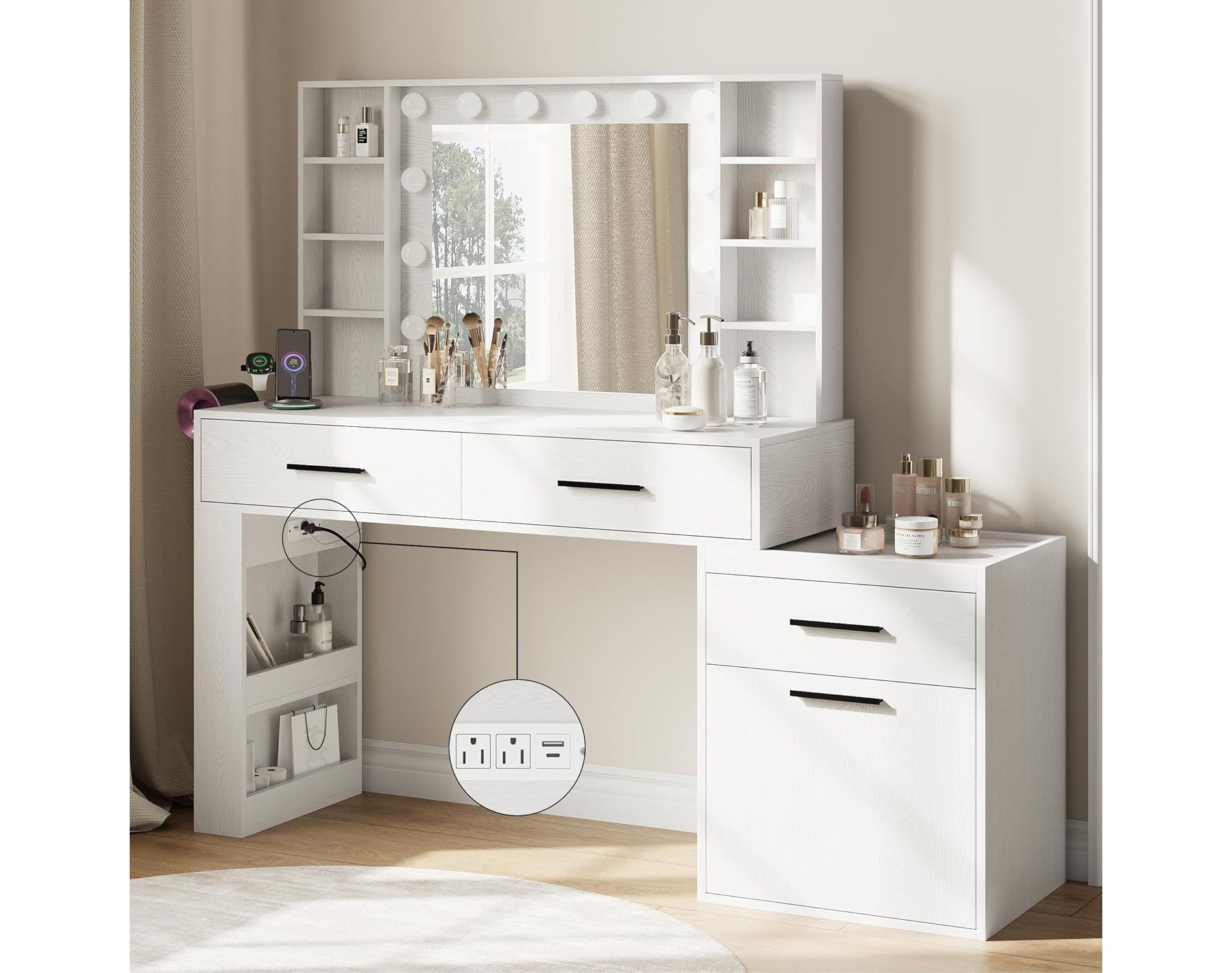 Ora Maison Convertible Vanity Desk 57", Large Makeup Table with 3-Color LED Mirror, Power Hub & Ample Storage for Bedroom