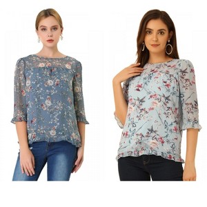 Allegra K Women's Round Neck Ruffle 3/4 Sleeve Floral Print Chiffon Blouse 2 Pcs - 1 of 4