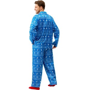 Adult Christmas Pajamas Set – Men’s Silk Satin Long Sleeve Button Top & Pants with Pockets (L, Blue) - 1 of 3