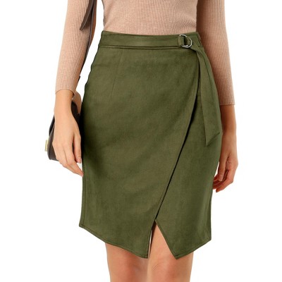 Allegra K Women s A line Knee Length Front Slit Wrap Faux Suede Skirt Dark Green Small Target