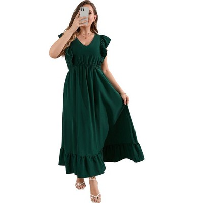 Women's Plus Size Summer Dress with Pocket Ruffle Cap Sleeveless V Neck Side Split Long Beach Maxi Dress