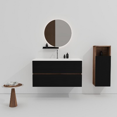 Akoasm 36 Inch Floating Bathroom Storage Cabinet With Integrated Ceramic Sink-Black+Walnut