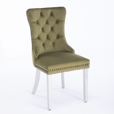 Vynxaria Olive Green Velvet Dining Chairs Set of 2 with Chrome Legs
