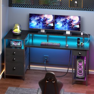 60 Inch Computer Desk with Charging Station LED Lights 4 Drawers Black ...