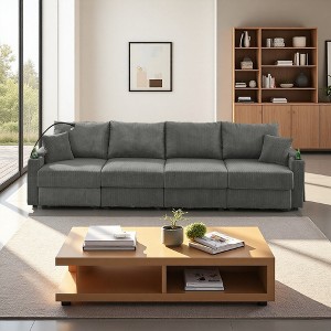 132" Corduroy 4-Seater Sectional Sofa with Cup Holders & Phone Holder - 1 of 4