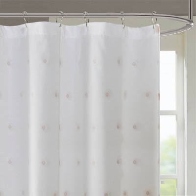White Polyester Shower Curtain with Blush Pom Poms