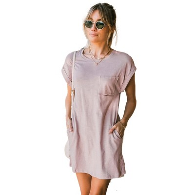 Amaryllis Women's Slub Knit Pocket T-Shirt Dress Short Sleeve Crew Neck Casual Loose Fit Knee Length Relaxed Dress Front Pocket