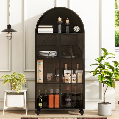 65" Arched Metal Storage Cabinet, Freestanding Display Cabinet with Glass Door, Kitchen Pantry Cabinet, Versatile Bookcase for Home Living Room