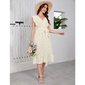 Coolmee Women's Cross Neck Ruffle Flying Short Sleeve Floral Dress Summer Sun Beach With Waist Belt Midi Dress - 1 of 4