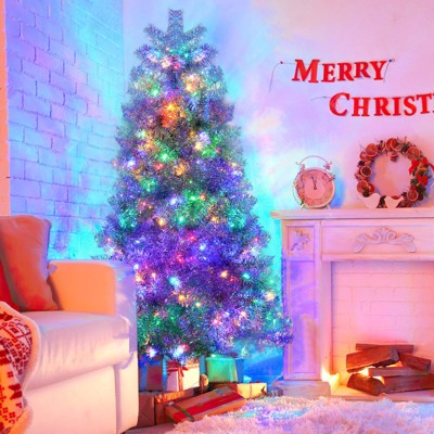 Yukimo 6FT Sliver Pre-Lit Artificial Christmas Tree, Hinged Full Tree with Metal Stand, 800 Branch Tips, 300 LED Lights,11 Lighting Modes