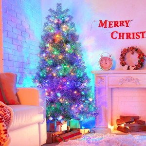 Yukimo 6FT Sliver Pre-Lit Artificial Christmas Tree, Hinged Full Tree with Metal Stand, 800 Branch Tips, 300 LED Lights,11 Lighting Modes - 1 of 4