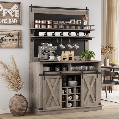 75" Tall Coffee Hutch Cabinet Large Kitchens Storage Cabinets White Coffee Bar Cabinet Cupboard with Sliding Barn Door