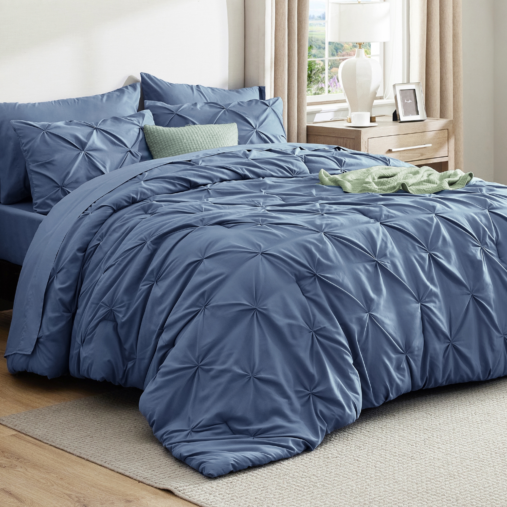 Solid Diamond Pintuck 7pcs Queen Slate Blue Bedding Set Comforter Set - Bedsure