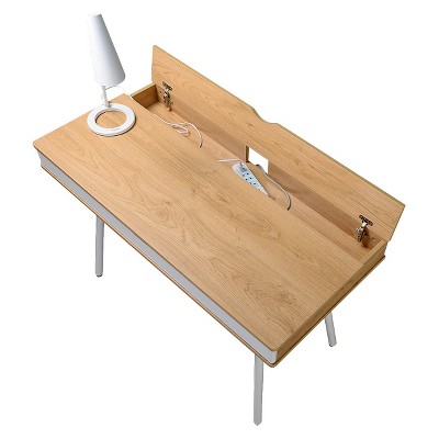 Pine and White Mid-Century Modern Desk with Multi-Storage