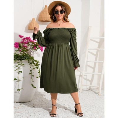 YesFashion Women's Plus Size Ruffle Long Sleeve Dress Square Neck High Waist Smocked Tunic Maxi Dress A Line Dress
