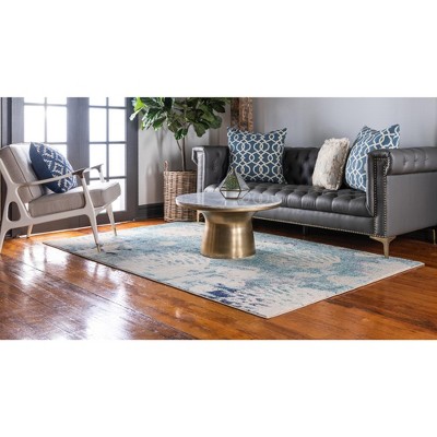 Light Blue Coastal Coral Pattern Synthetic Area Rug, 8' x 10'