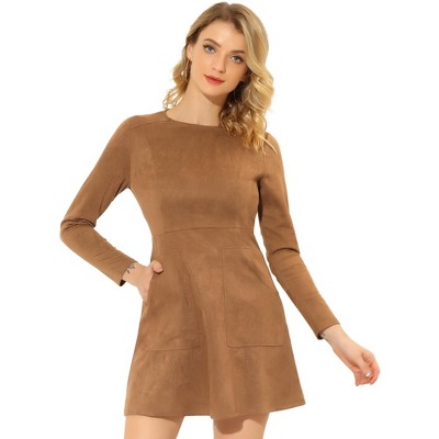 INSPIRE CHIC Women's Faux Suede Round Neck Pockets Long Sleeve A-Line Dress
