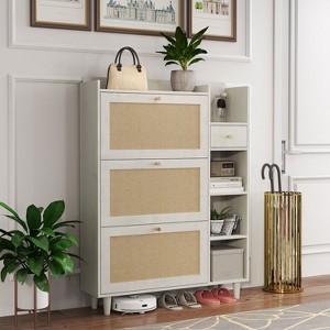 KTMBDW Shoe Storage Cabinet with 3 Rattan Flip Drawers, Freestanding Organizer with Wood Legs for Entryway, Narrow Shoe Rack Cabinet - 1 of 4