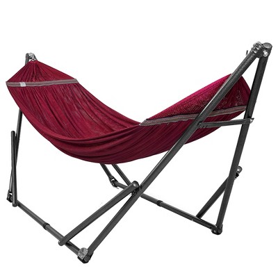 Deep Berry Powder-Coated Steel Double Hammock with Stand