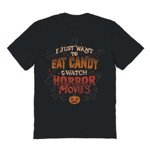 Rerun Island Men's I Just Want To Eat Candy & Watch Horror Movies - Halloween Quotes Gift Halloween Short Sleeve Graphic Cotton T-Shirt - 1 of 2