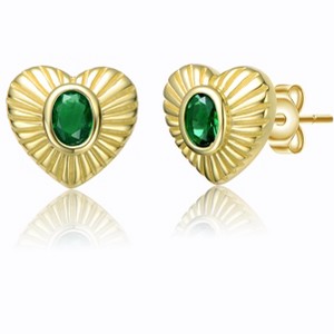 Guili Radiant Sterling Silver 14k Gold Plated Emerald Cubic Zirconia Sunray Heart Stud Earrings – Elegant, Sparkling, Timeless Jewelry - 1 of 3