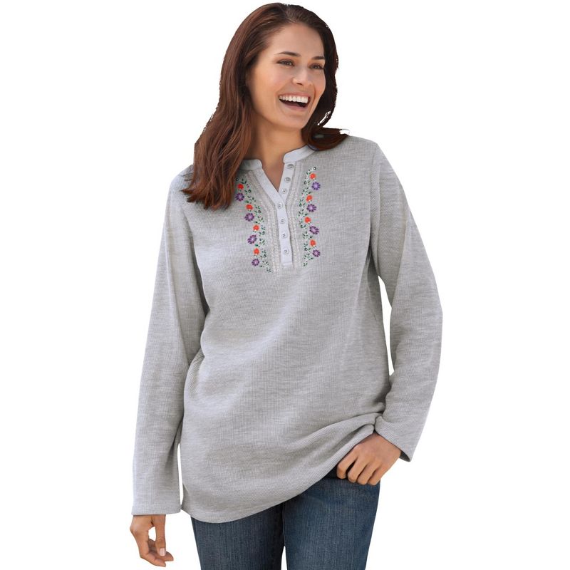 Woman Within Women's Plus Size Embroidered Thermal Henley Tee, 1 of 2